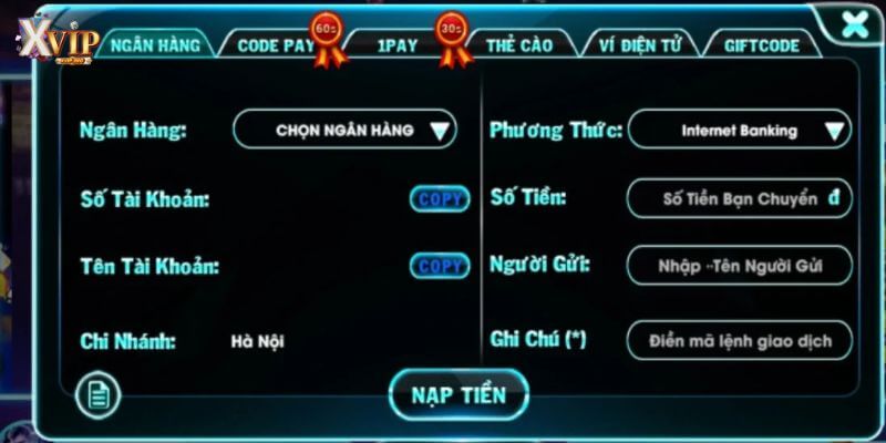 Bet thủ hiện nay có thể nạp tiền tại XVIP theo nhiều phương thức.